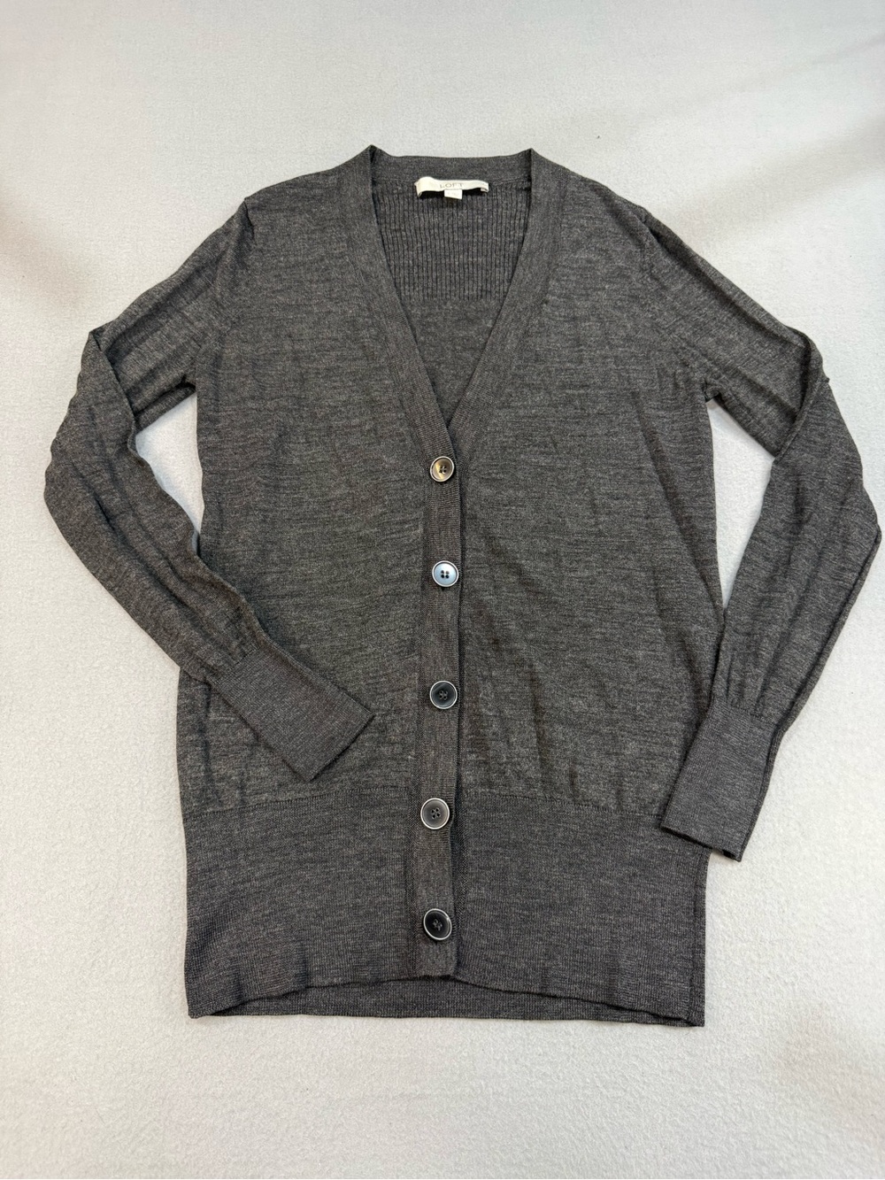 LOFT Charcoal Gray V-Neck Button Front Lighweight Cardigan